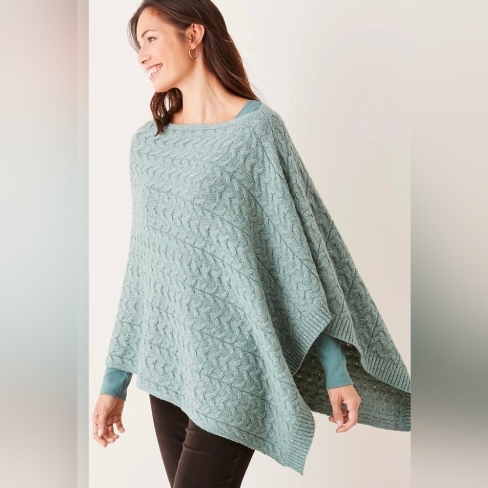 J Jill Women Poncho Bohemian Peasant Asymmetrical Knit Sweater Cape Wrap Green